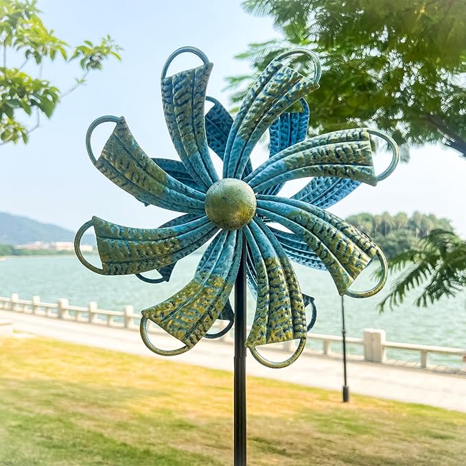 54” Metal Wind Spinner Outdoor Decor, Double Layer 360° Rotating Kinetic Sculpture, Rustproof Weather-Resistant Yard Art for Patio Lawn, Wind Spinners for Yard and Garden (Bronze)