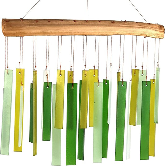 Blue Handworks Spring Colors Glass and Driftwood Chime - Sandblasted Glass and Found Wood Hand Crafted Wind Chime