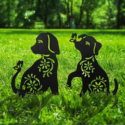 Dog Decor Outdoor Metal Decor, Garden Gecor for Outside Dog Garden Statue, Black Puppy Outdoor Garden Decor, Metal Garden Art Decorations, 2PCS (Dog2)