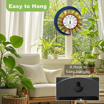 pealstar Outdoor Thermometer with Hygrometer Waterproof Large Wall Thermometer Decorative Metal Sun-Moon Outdoor Thermometers for Patio Garden Yard Living Room Decor