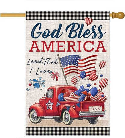 4th of July House Flags for Outdoor,Patriotic American Truck with Buffalo Plaid Yard Flags for Outside,Memorial Decorative Flag for 250th USA Anniversary Holiday Decoration 28x40 Inch Double Sided