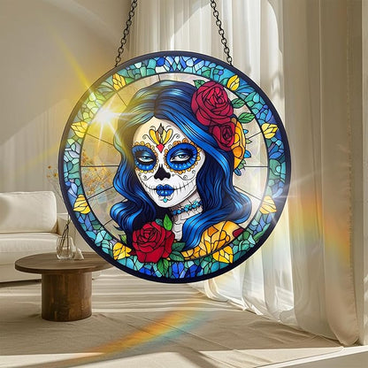 VAIIEYO Skull Women Acrylic Sun Catcher Window Hanging Decoration, 7.8 Inch Double-Sided Light Reflecting Ornament for Window, Garden, Porch or Balcony Decor, Housewarming, Gift for Natural Lovers