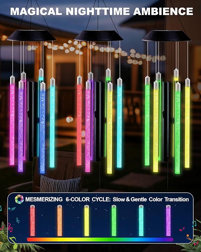 Nacome Solar Wind Chime Outdoor Indoor: Unique Gifts for Mom Grandma Women - Automatic LED Color Changing Light IP65 Waterproof Outside Decor for Garden Patio Balcony Porch(Black)