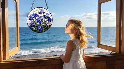 Stained Glass Window Hanging - Blue Iris Painting 6.3 Inches Suncatcher for Garden Home Decor for Women Mon Grandma Friends