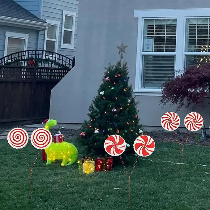 Christmas Candy Cane Lollipop Yard Stakes, Outdoor Holiday Decorations, Peppermint swirPathway Markers, Festive Garden Lawn Decor for Christmas Party and Winter Display, Set of 3