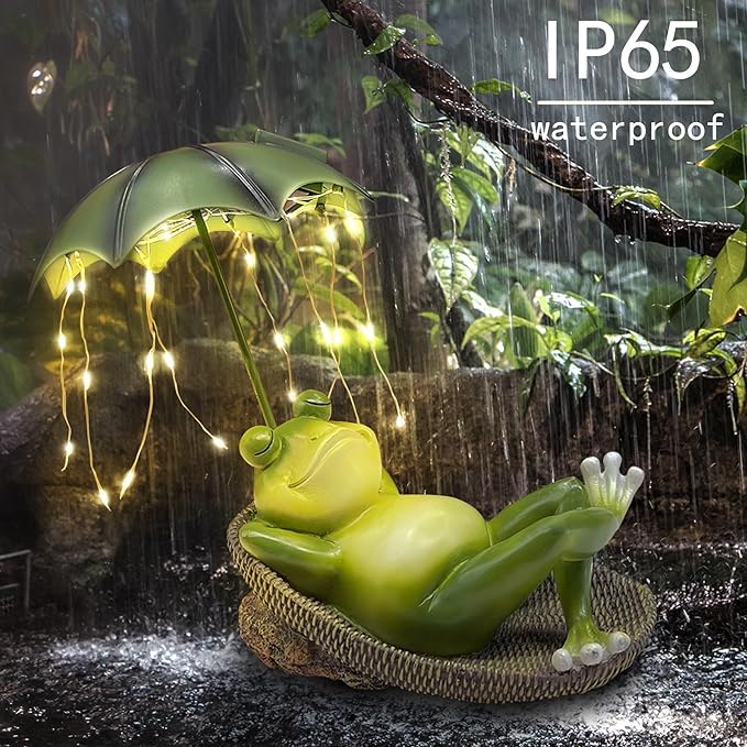 6.7" Solar Frog Garden Statue with Light Up Umbrella - IP65 Waterproof Resin Sculpture, Outdoor Figurine for Patio Yard Pond, Unique Gardening Gifts for Women/Mom
