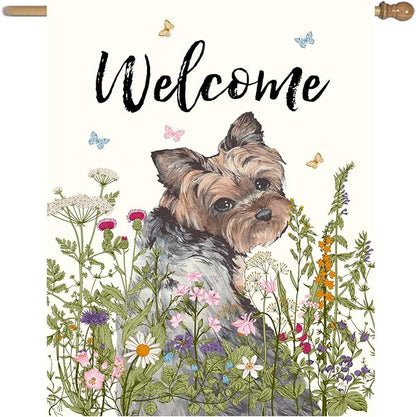 Floral Yorkie Garden Flag Spring Summer House Flags 28 x 40 Double Sided Flower Dog Yard Flags for Outside Large Outdoor Welcome Flags