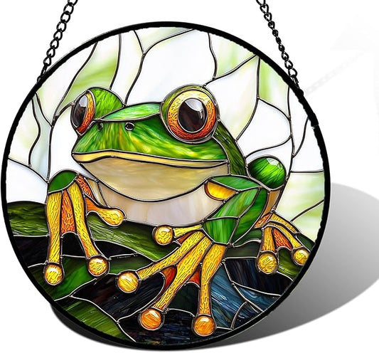 DASTOLL Stained Glass Window Hanging, Green Frog White Petals Sun Catchers Colorful Glass Panel Cute Suncatcher Decor for Birthday for Women, Men, Wife, Aunt, and Mom 6.3 in