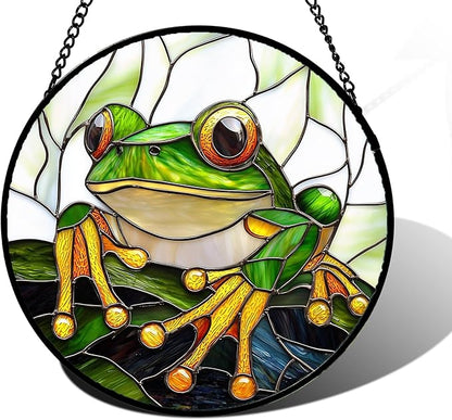 DASTOLL Stained Glass Window Hanging, Green Frog White Petals Sun Catchers Colorful Glass Panel Cute Suncatcher Decor for Birthday for Women, Men, Wife, Aunt, and Mom 9.8 in