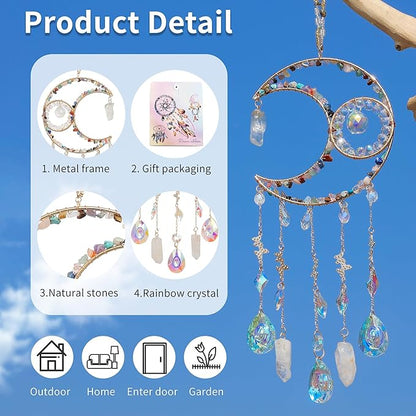 Handmade Sun Catcher Rainbow Maker with Moon Shape Natural Color Stones and Various Crystal Shapes Unique Crystal Decoration for Home or as a Gift Stunning Light Refraction and Colorful Display