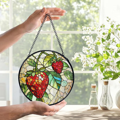 Strawberry Suncatchers Stained Glass Window Hanging, Summer Fruit Sun Catchers Indoor Window Glass Round Wall Decor, Strawberry Wall Hanging Decorations, Fruit Kitchen Decor, 7.9x7.9in