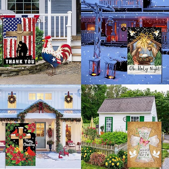 Christian Seasonal Garden Flags Set of 12 Double Sided 12 x 18 Inch Cross Yard Flags, Small Flags for Outside, Fall Winter Easter Christmas Outdoor Flags, Holiday Garden Flags for All Seasons ﻿