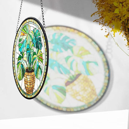 7.8" Green Plant Suncatcher Stained Glass Window Hanging Monstera Plants Sun Catchers Nature Ornaments Wall Art Garden Home Room Yard Door Decor Birthday for Women Mom