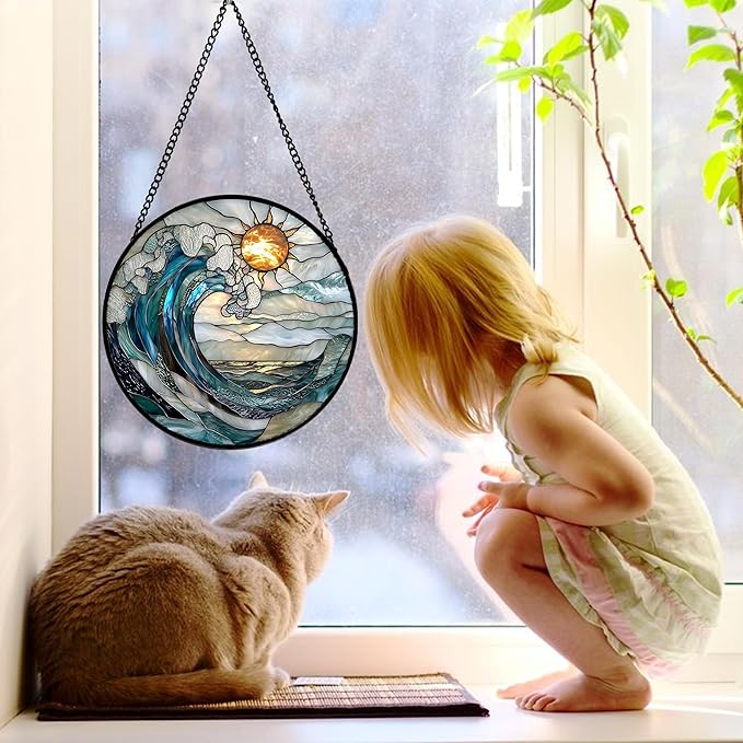 DASTOLL Stained Glass Window Hanging, Blue Night Moon Lake Sun Catchers Colorful Glass Panel Landscape Suncatcher Decor for Birthday for Women, Men, Wife, Aunt, and Mom 11.8x11.8 in