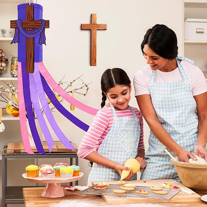 40 Inches Easter Christian Cross Windsock Decorations, Hanging Outdoor Religious Decor with Purple Streamers and Wooden Cross Design, Inspirational Wind Sock Ornament for Church, Outside Garden Yard