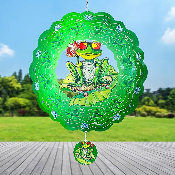 Frog Wind Spinners Outdoor Garden Decor for Outside - 12 Inch 3D Stainless Steel Metal Wind Spinners - Frog Gardening Gifts for Women, Yard Decorations Outdoor Hanging Decor
