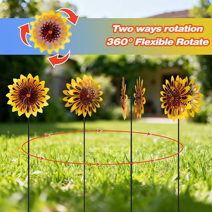 Sunflower Wind Spinners, 360 Degrees Swivel Metal Wind Sculptures, 76" Large Garden Pinwheels for Yard Lawn Patio Decor