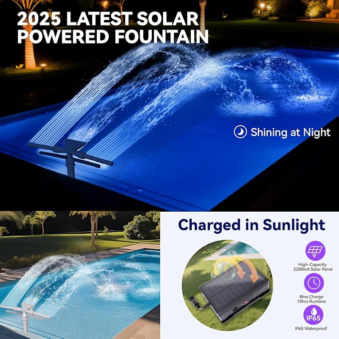Pool Fountain with Lights for Above and Inground Pools, Dual-Layer Spray Solar Power Pool Waterfall Sprinkler Chiller Aerator, Water Fountain Swimming Pool Accessories (Light Gray)