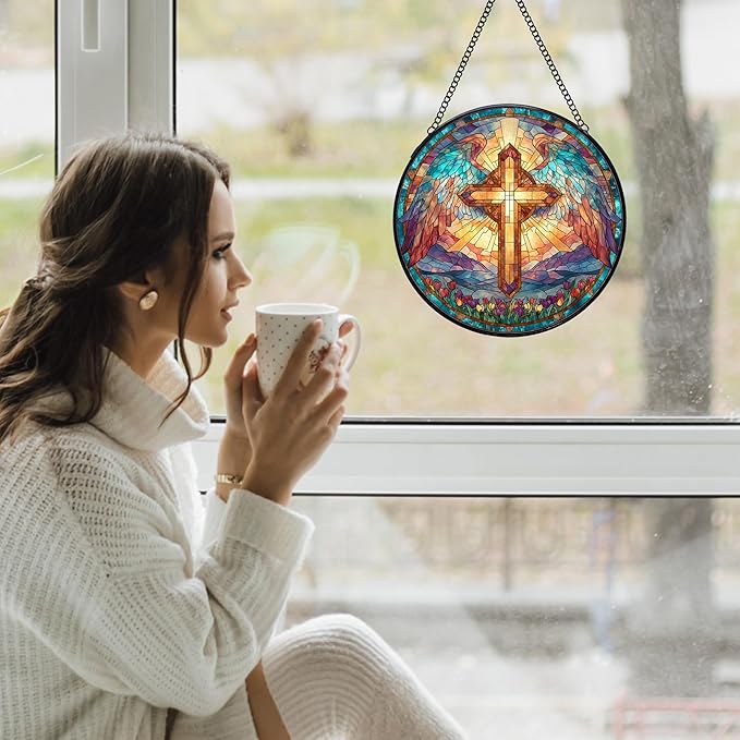Cross Stained Glass Window Hanging Suncatchers, Christian Cross Sun Catchers Indoor Window Glass Wall Art Decor, Religious Biblical Wall Hanging Decorations Sculptures, 7.9x7.9in