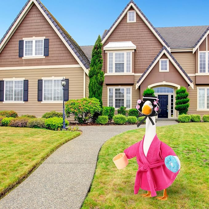 Shyyween Lady Porch Goose Outfit for 17'' Cement Plastic Lawn Goose Statue Clothes Pink Bathrobe Coffee Cup Curlers for Outdoor Garden Yard Patio Decoration