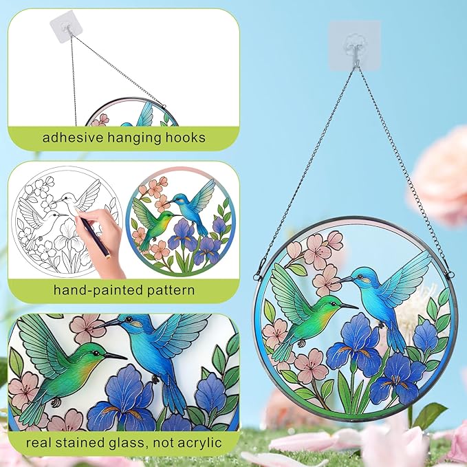 Hummingbird Stained Glass Suncather for Window Hanging, 6.3'' Hummingbird Ornament Gift for Women, Nature-Inspired Wall Art Home Decor Gifts for Mom, Grandma (Green & Blue, 6.3'')