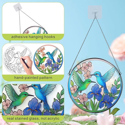 Hummingbird Stained Glass Suncather for Window Hanging, 6.3'' Hummingbird Ornament Gift for Women, Nature-Inspired Wall Art Home Decor Gifts for Mom, Grandma (Green & Blue, 6.3'')