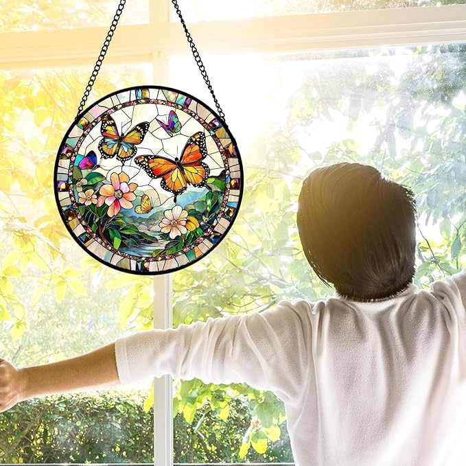 DASTOLL Stained Glass Window Hanging, Butterflies Flying in The Sky Suncatcher for Doors Home Sun Catchers Decoration and Christmas, Mother's Day Birthday Gifts for Women, Men, and Mom 14.9x14.9 in