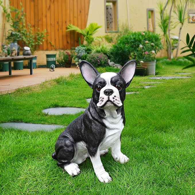 Cheerful Black & White Boston Terrier Dog Sculpture with Solar Lantern & Double-Sided 'On Patrol' and 'Welcome' Signposts – Fun Outdoor Resin Statue for Garden, Yard, and Patio Décor