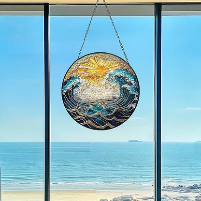 Ocean Wave Sunset Suncatcher Stained Glass Window Hanging - 10" Hand-Painted Sun Catcher Garden Hanging Decoration with Metal Chain Outdoor Garden Decor Christmas for Women