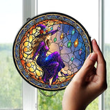 7.8" Moonlight Witch Suncatcher Stained Glass Window Hanging Mystical Witchy Sun Catchers Halloween Ornaments Wall Art Door Garden Room Home Decor Birthday for Teens Women