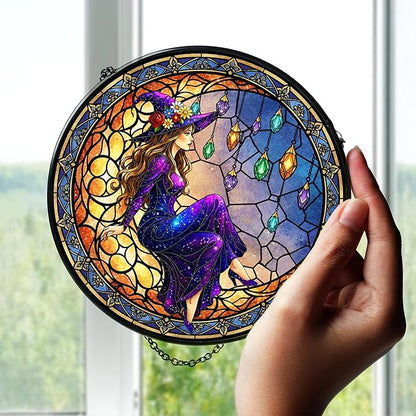 7.8" Moonlight Witch Suncatcher Stained Glass Window Hanging Mystical Witchy Sun Catchers Halloween Ornaments Wall Art Door Garden Room Home Decor Birthday for Teens Women