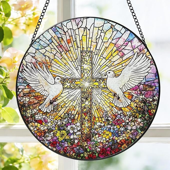 Stained Glass Window Hanging, 8 Inch White Pigeon Cross Suncatcher, Sun Catchers Indoor Window, Flowers Birds Cross Religious Home Garden Decor Glass Panel, Easter Faith Christian Gifts for Women Men