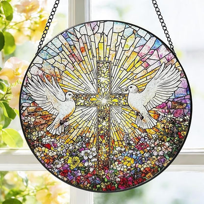 Stained Glass Window Hanging, 8 Inch White Pigeon Cross Suncatcher, Sun Catchers Indoor Window, Flowers Birds Cross Religious Home Garden Decor Glass Panel, Easter Faith Christian Gifts for Women Men