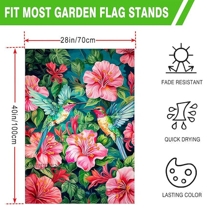 Spring Summer House Flag 28 x 40 Inch Double Sided, Colorful Hummingbird Floral Garden Flag Large Outdoor Seasonal Flags for Garden Patio Lawn Decor