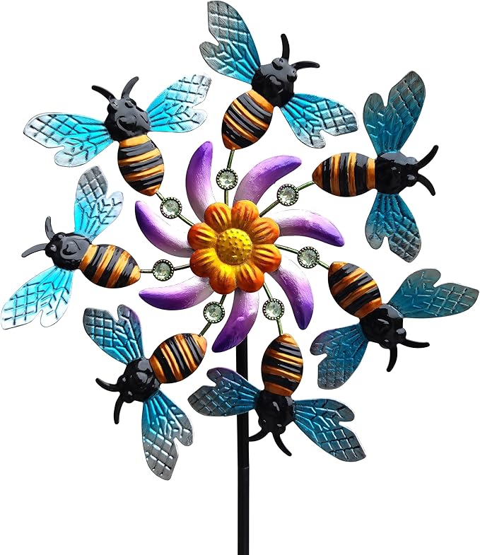 COOZZYHOUR 39" Bee Wind Spinners Metal Garden Stake-Outdoor Yard Windmill-Wind Sculpture Yard Art Decorations for Patio,Lawn & Garden
