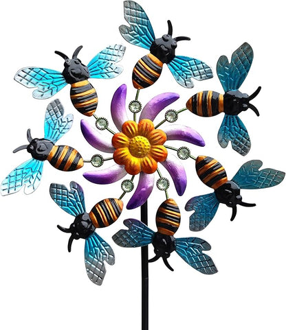 COOZZYHOUR 39" Bee Wind Spinners Metal Garden Stake-Outdoor Yard Windmill-Wind Sculpture Yard Art Decorations for Patio,Lawn & Garden