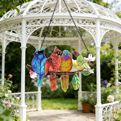 DASTOLL Stained Glass Window Hanging - Hummingbird on Branch Suncatcher Hand-Painted Double Side Stain Glass Cardinal Gifts Sun Catcher for Windows Doors Room Outdoor Home Decoration