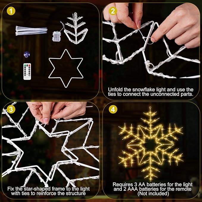 Tuanse 1 Pcs 24" Folding Christmas Snowflake Lights with Remote Control 150 LED Outdoor Hanging Light up Snowflakes Decor for Xmas Tree Window Yard Garden Porch Party Decoration (Warm White)