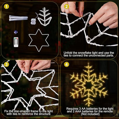 Tuanse 1 Pcs 24" Folding Christmas Snowflake Lights with Remote Control 150 LED Outdoor Hanging Light up Snowflakes Decor for Xmas Tree Window Yard Garden Porch Party Decoration (Warm White)