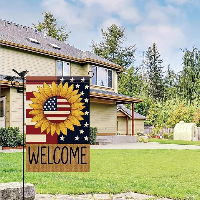 Spring Summer Garden Flag 12x18 Inch Patriotic Sunflower Welcome American Outdoor Stars Stripes Rustic Burlap Style Outdoor Yard Porch Lawn for Seasonal Americana Home Decor