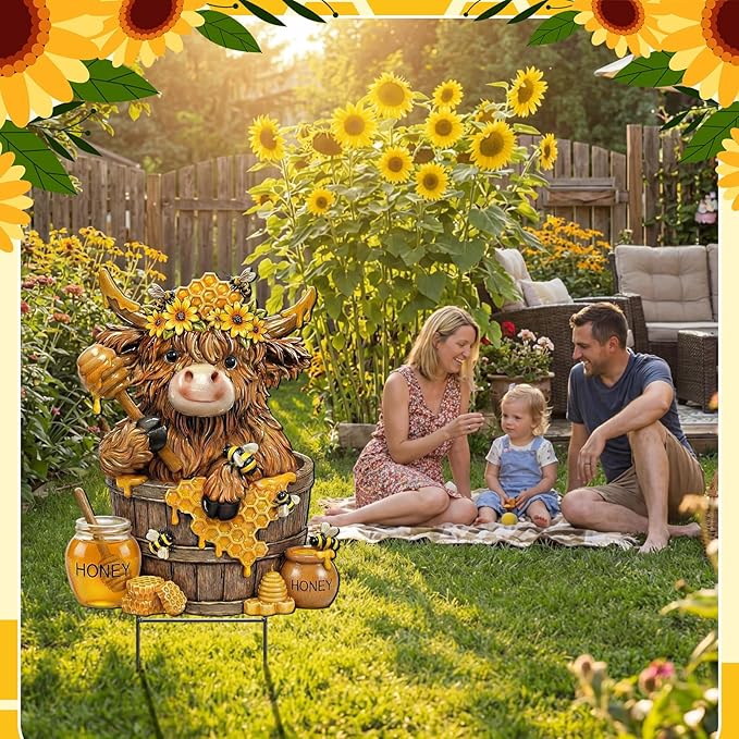 Amyhill Bee Highland Cow Outdoor Decor Honeybee Cow Metal Garden Stakes Decorative Rustic Bee Calf Lovers Yard Signs with Stakes for Farmhouse Spring Garden Lawn Outdoor Decorations