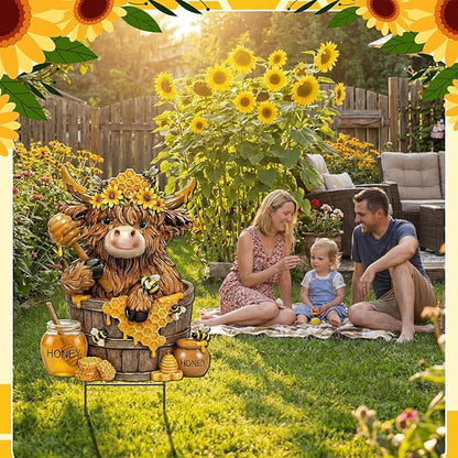 Amyhill Bee Highland Cow Outdoor Decor Honeybee Cow Metal Garden Stakes Decorative Rustic Bee Calf Lovers Yard Signs with Stakes for Farmhouse Spring Garden Lawn Outdoor Decorations