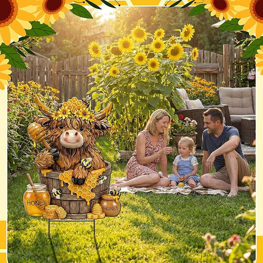Amyhill Bee Highland Cow Outdoor Decor Honeybee Cow Metal Garden Stakes Decorative Rustic Bee Calf Lovers Yard Signs with Stakes for Farmhouse Spring Garden Lawn Outdoor Decorations