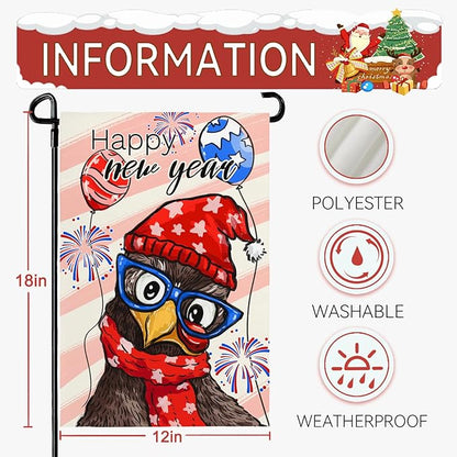 Happy New Year Chicken Garden Flag Funny Rooster with Glasses Balloons & Fireworks Yard Flags Holiday Cute Cock House Banners Decoration for Outdoor Lawn or Porch 12x18 Inch