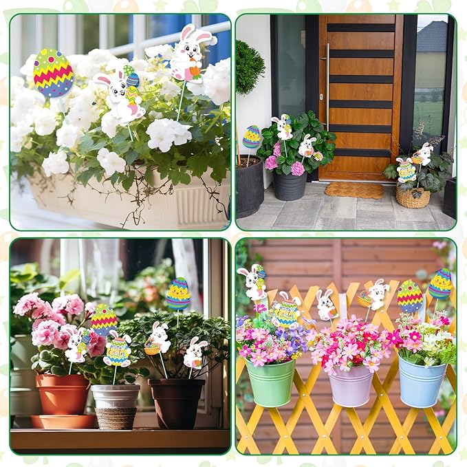 Cinrobiye 12Pcs Easter Planter Stakes Flower Pot Signs 5.9Inches Bunny Chick Jesus Egg Garden Stake Outdoor Lawn for Easter Party Patio Yard Outside Greetings Home Farmhouse Decor