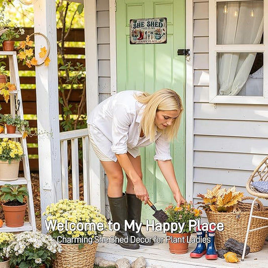 Welcome to My She Shed Sign - Funny Garden Signs for Outdoor Decor, Gardening Gifts for plant lover Women, Green House Decor, Metal Signs Vintage 12x8 Inch