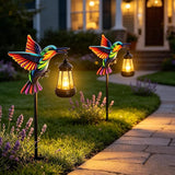 2 Pack Solar Garden Statue Figurine with Solar Lanterns Outdoor Waterproof, Hummingbird Hanging Solar light, Solar Path Lights Yard Art, Outside Patio Garden Decor Gardening Gift for Mom Grandma Women