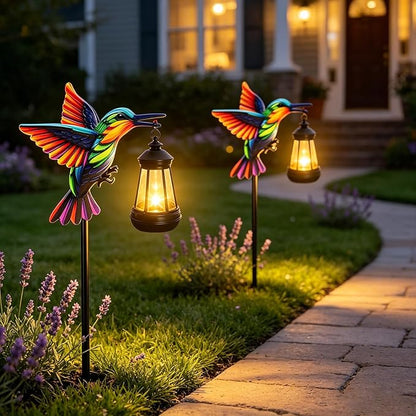 2 Pack Solar Garden Statue Figurine with Solar Lanterns Outdoor Waterproof, Hummingbird Hanging Solar light, Solar Path Lights Yard Art, Outside Patio Garden Decor Gardening Gift for Mom Grandma Women