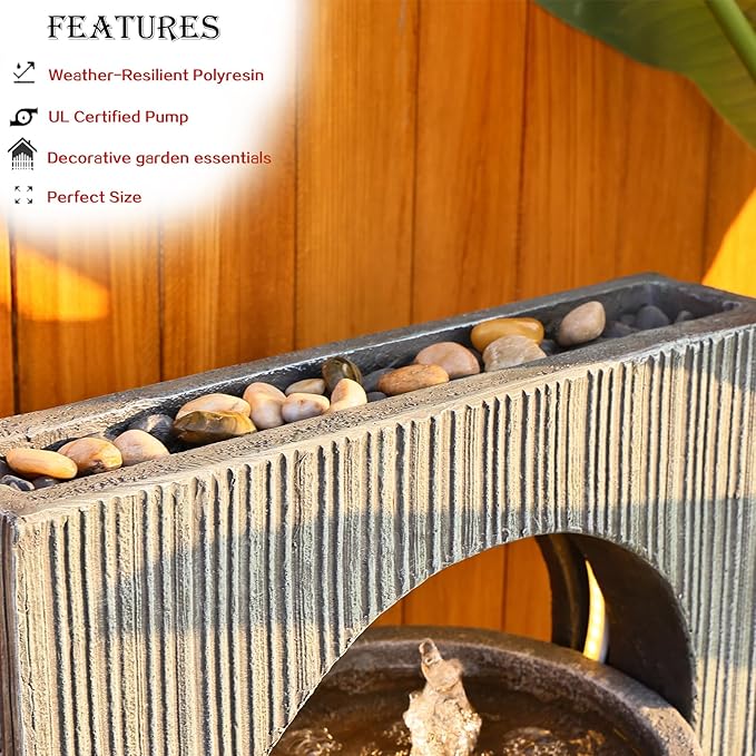 Tankana Water Fountain Zen Feature Outdoor Indoor - Waterfall Garden Freestanding Fountains ρ-Shaped Hollow Artistry Design with LED Lights for Home Decor Patio Yard Pool, 41 inches