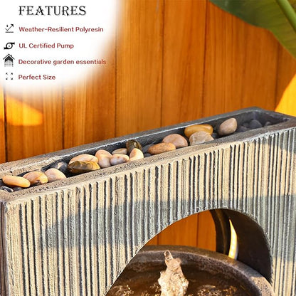 Tankana Water Fountain Zen Feature Outdoor Indoor - Waterfall Garden Freestanding Fountains ρ-Shaped Hollow Artistry Design with LED Lights for Home Decor Patio Yard Pool, 41 inches